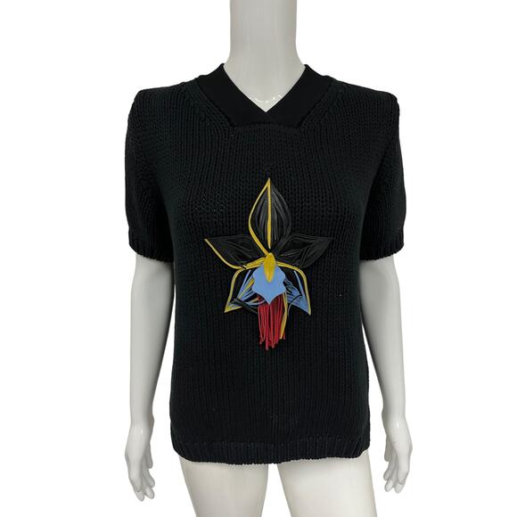 FENDI Black Knit Applique Floral V-Neck Short Sleeve Sweater Size EU 42 US 6 - Picture 1 of 3